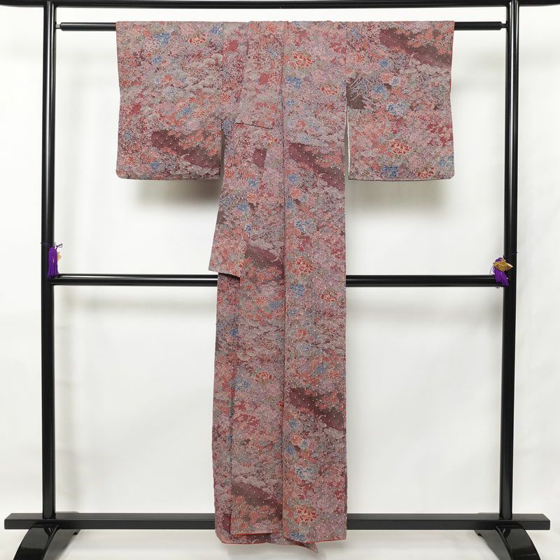 小紋 絞り 正絹 花柄 袷仕立て 身丈153cm 裄丈63.5cm 小豆・エンジ_画像2