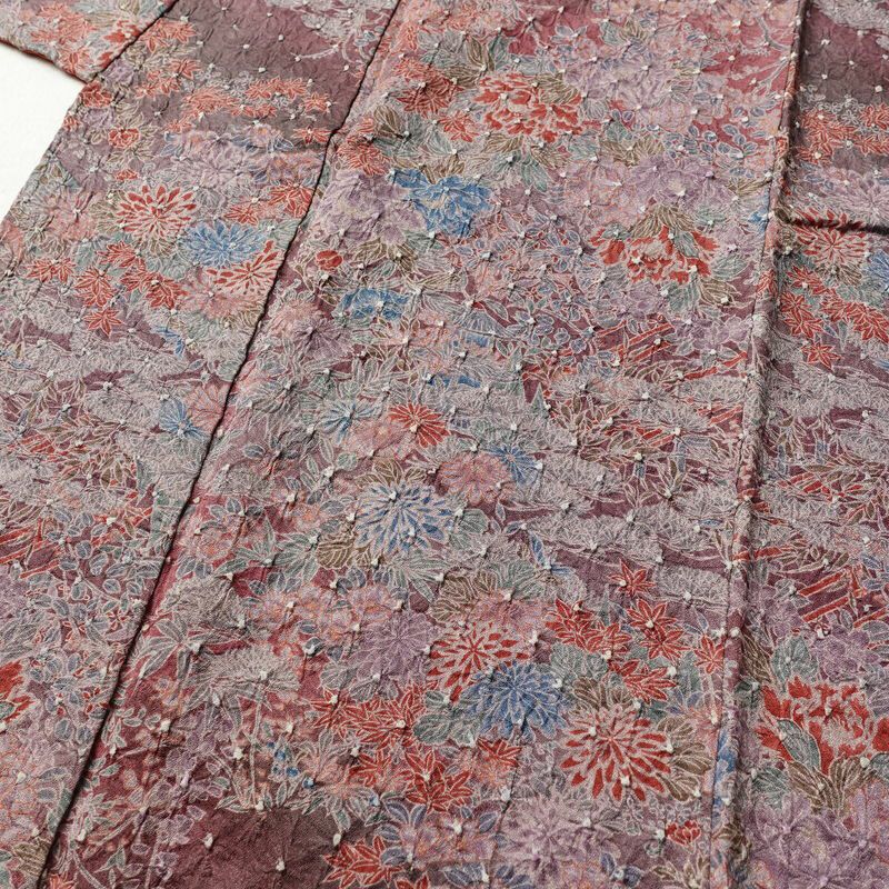 小紋 絞り 正絹 花柄 袷仕立て 身丈153cm 裄丈63.5cm 小豆・エンジ_画像5