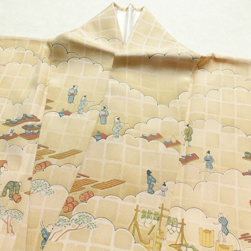 付け下げ 縮緬 総柄 正絹 人物・動物柄 袷仕立て 身丈162cm 裄丈63cm ベージュ_画像15