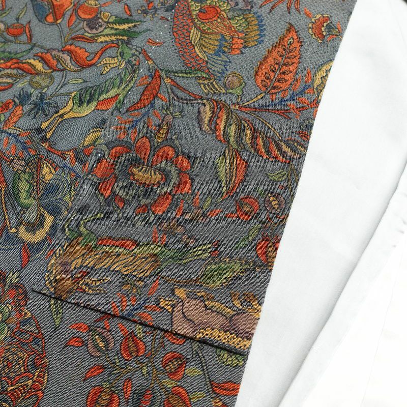 小紋 縮緬 正絹 木の葉・植物柄 袷仕立て 身丈162cm 裄丈67.5cm 一部しつけ糸付き 着物 グレー_画像16