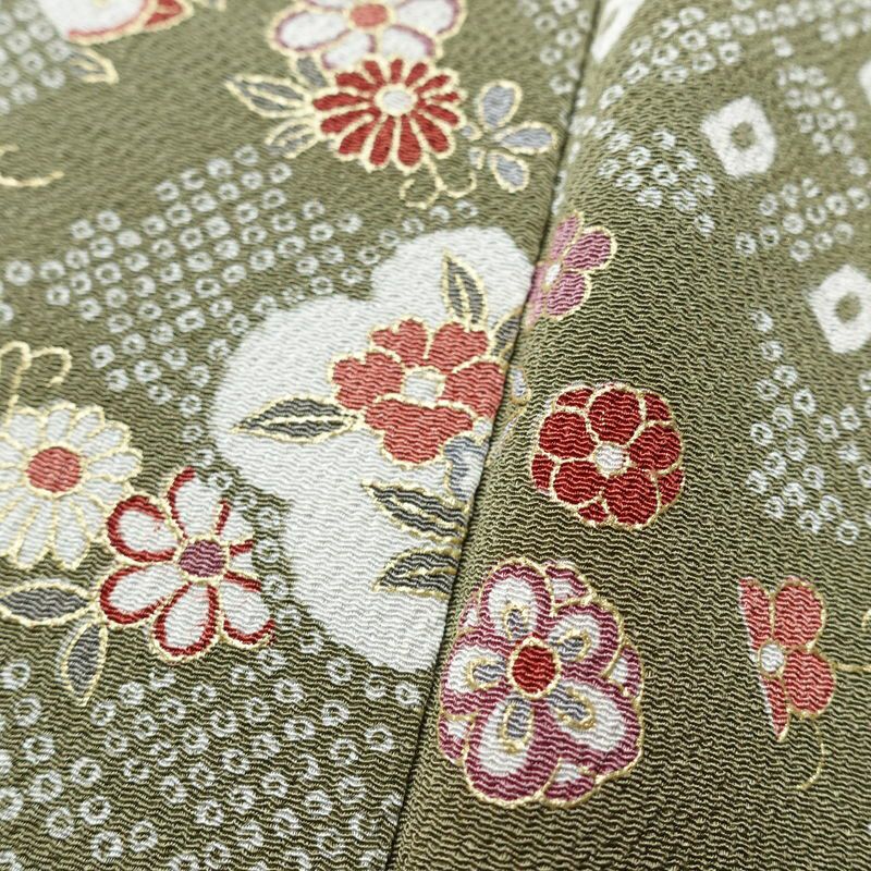小紋 良品 縮緬 総柄 正絹 古典柄 袷仕立て 身丈165cm 裄丈65cm 金彩 緑・うぐいす色_画像8