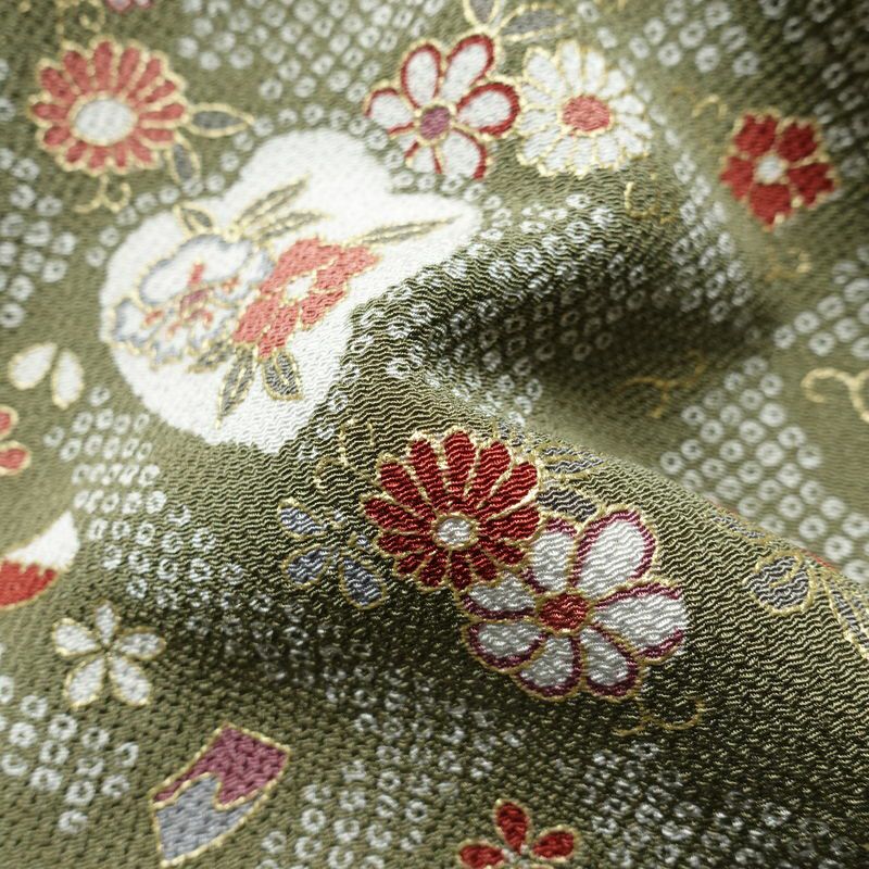 小紋 良品 縮緬 総柄 正絹 古典柄 袷仕立て 身丈165cm 裄丈65cm 金彩 緑・うぐいす色_画像21