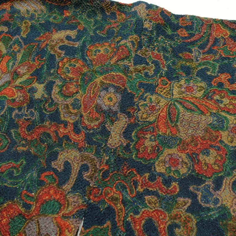 小紋 縮緬 総柄 正絹 幾何学柄・抽象柄 袷仕立て 身丈160.5cm 裄丈66.5cm 青・紺_画像12