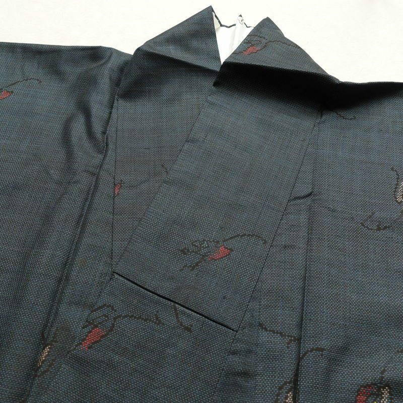紬 しつけ糸付き 正絹 木の葉・植物柄 袷仕立て 身丈159.5cm 裄丈67cm つむぎ 青・紺_画像14