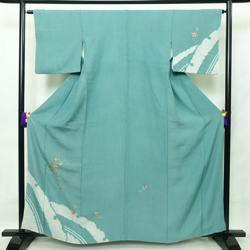 付け下げ 絞り ふくれ織 正絹 古典柄 袷仕立て 身丈161cm 裄丈65.5cm 刺繍 緑・うぐいす色_画像1