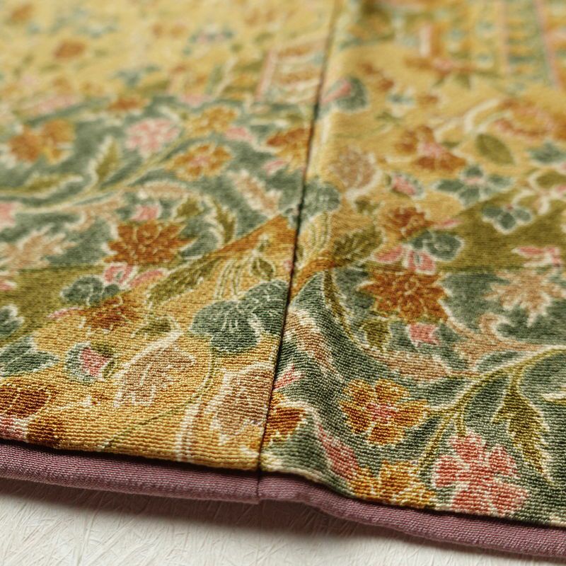 小紋 良品 縮緬 総柄 正絹 木の葉・植物柄 袷仕立て 身丈163.5cm 裄丈65cm 黄・黄土色_画像10