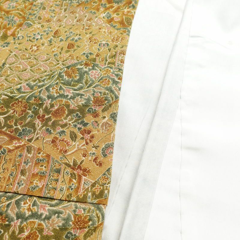 小紋 良品 縮緬 総柄 正絹 木の葉・植物柄 袷仕立て 身丈163.5cm 裄丈65cm 黄・黄土色_画像17