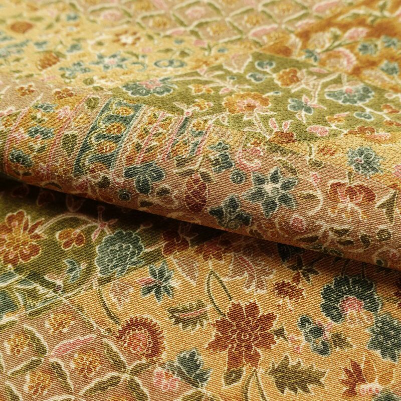 小紋 良品 縮緬 総柄 正絹 木の葉・植物柄 袷仕立て 身丈163.5cm 裄丈65cm 黄・黄土色_画像20