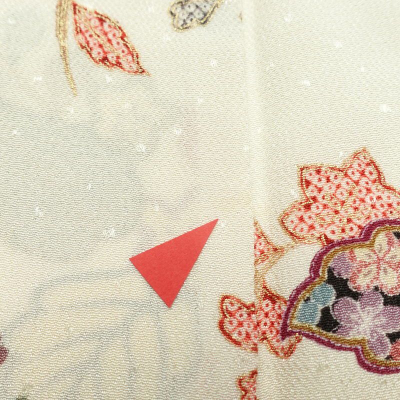 小紋 縮緬 総柄 正絹 木の葉・植物柄 袷仕立て 身丈166cm 裄丈65.5cm 金彩 クリーム_画像15