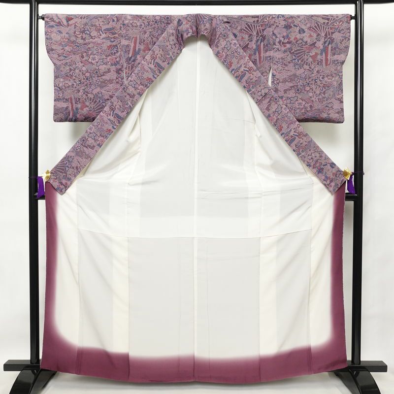 小紋 縮緬 正絹 木の葉・植物柄 袷仕立て 身丈163cm 裄丈65cm 紫・藤色_画像3