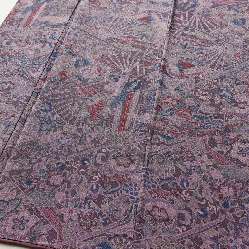 小紋 縮緬 正絹 木の葉・植物柄 袷仕立て 身丈163cm 裄丈65cm 紫・藤色_画像4