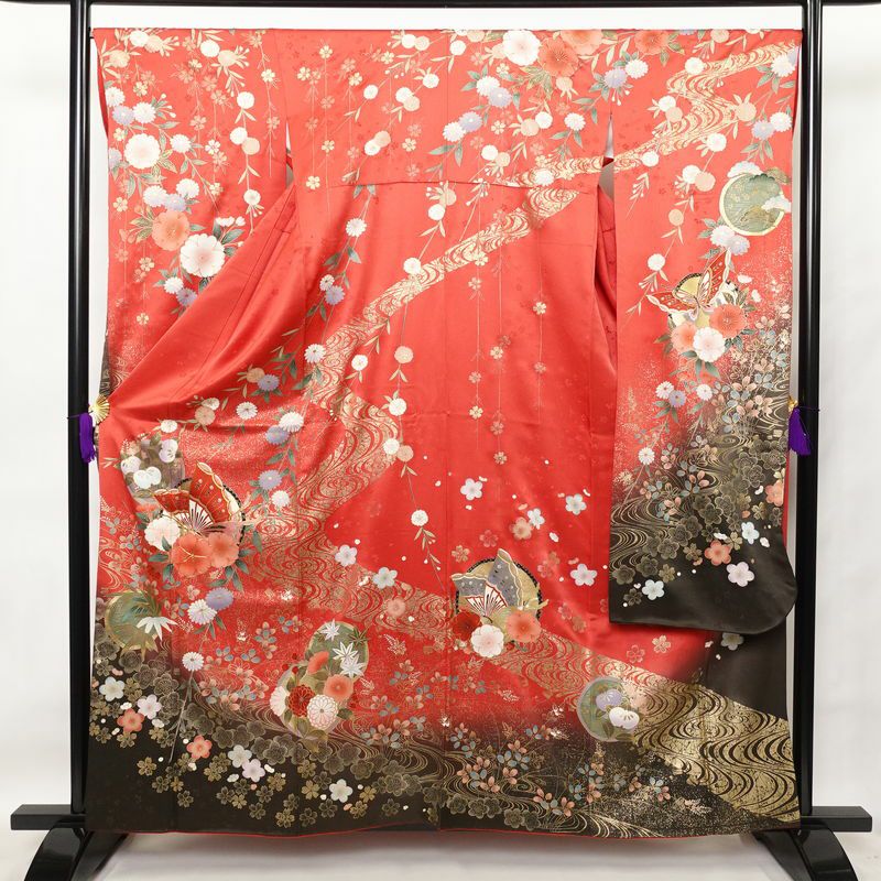 振袖 良品 金駒刺繍 正絹 古典柄 袷仕立て 身丈159.5cm 裄丈68cm 箔 金彩 フォーマル 成人式 着物 赤・朱_画像1