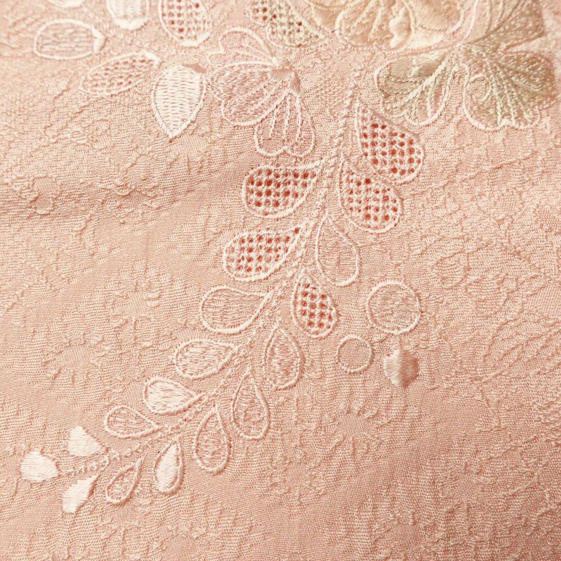 付け下げ 良品 スワトウ刺繍 一つ紋付き 正絹 古典柄 袷仕立て 身丈162.5cm 裄丈67.5cm 刺繍 共八掛 ピンク_画像7