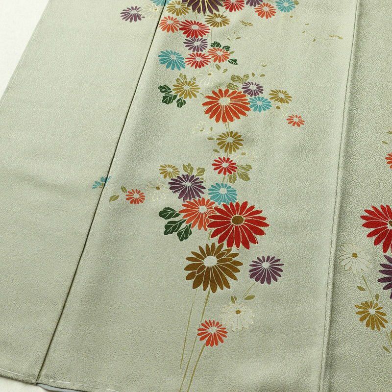 付け下げ しつけ糸付き 正絹 花柄 袷仕立て 身丈158cm 裄丈64.5cm 金彩 緑・うぐいす色_画像4