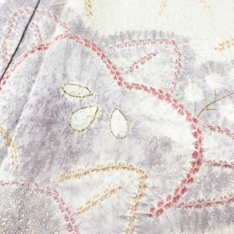 付け下げ 絞り 正絹 花柄 袷仕立て 身丈157.5cm 裄丈63.5cm 箔 金彩 白_画像6