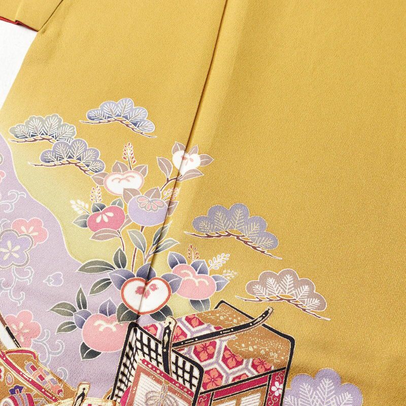 振袖 金駒刺繍 正絹 古典柄 袷仕立て 身丈170.5cm 裄丈68cm 箔 金彩 御所車 黄・黄土色_画像5