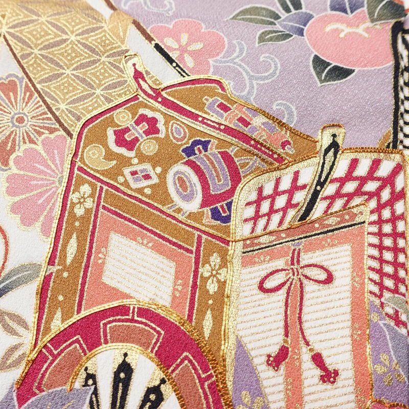 振袖 金駒刺繍 正絹 古典柄 袷仕立て 身丈170.5cm 裄丈68cm 箔 金彩 御所車 黄・黄土色_画像8