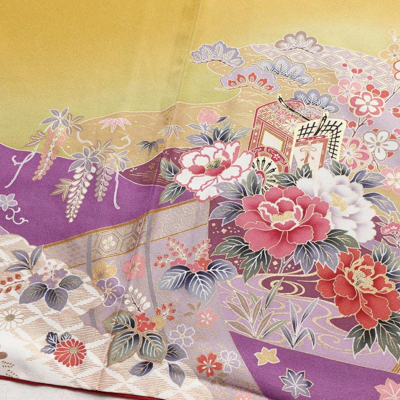 振袖 金駒刺繍 正絹 古典柄 袷仕立て 身丈170.5cm 裄丈68cm 箔 金彩 御所車 黄・黄土色_画像12