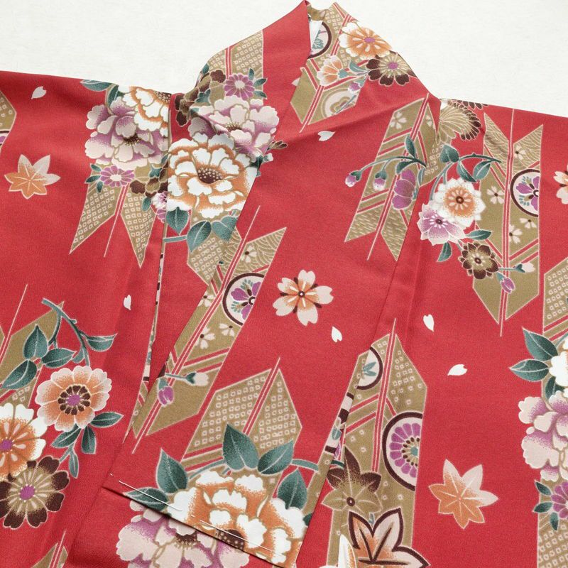 小紋 美品 しつけ糸付き ポリエステル 古典柄 袷仕立て 身丈166cm 裄丈68.5cm 赤・朱_画像15