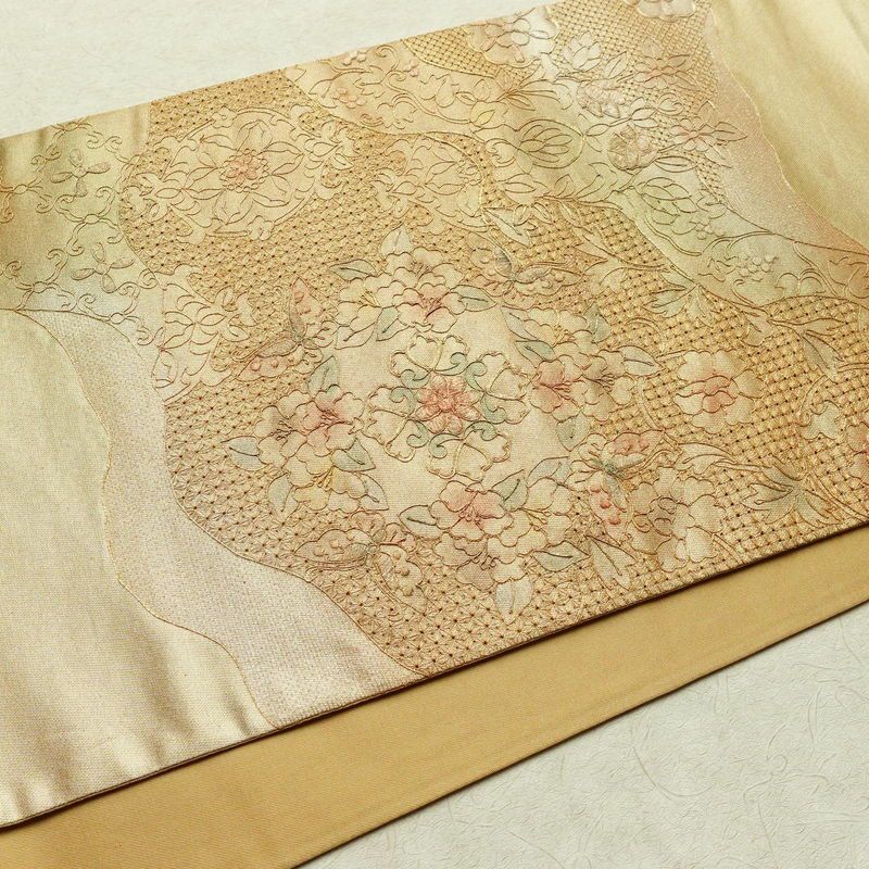 袋帯 太鼓柄 良品 スワトウ刺繍 フォーマル用 正絹 木の葉・植物柄 刺繍 金・銀_画像11