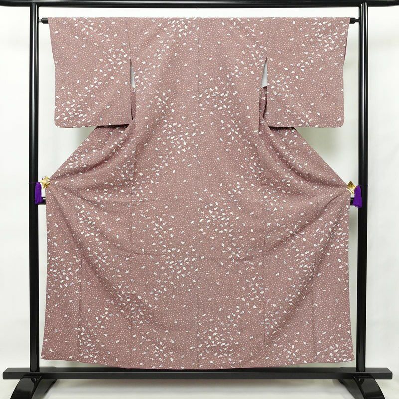 小紋 良品 ポリエステル 木の葉・植物柄 袷仕立て 身丈156cm 裄丈64.5cm 小豆・エンジ_画像1