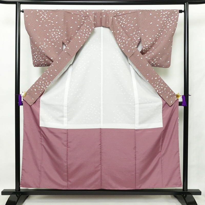 小紋 良品 ポリエステル 木の葉・植物柄 袷仕立て 身丈156cm 裄丈64.5cm 小豆・エンジ_画像3