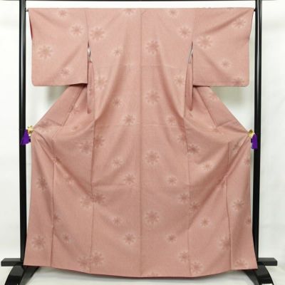 小紋 良品 飛び柄 ポリエステル 花柄 袷仕立て 身丈165cm 裄丈67.5cm ピンク