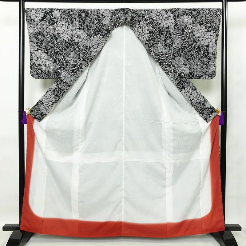 小紋 良品 縮緬 絞り風 ポリエステル 花柄 袷仕立て 身丈163cm 裄丈67cm 黒_画像3