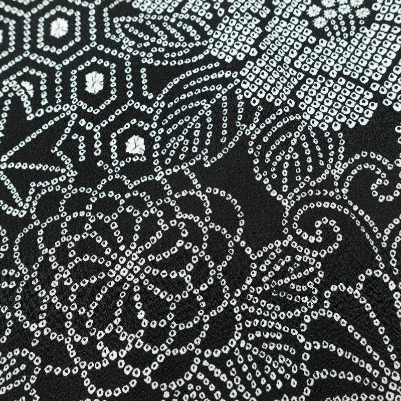 小紋 良品 縮緬 絞り風 ポリエステル 花柄 袷仕立て 身丈163cm 裄丈67cm 黒_画像7