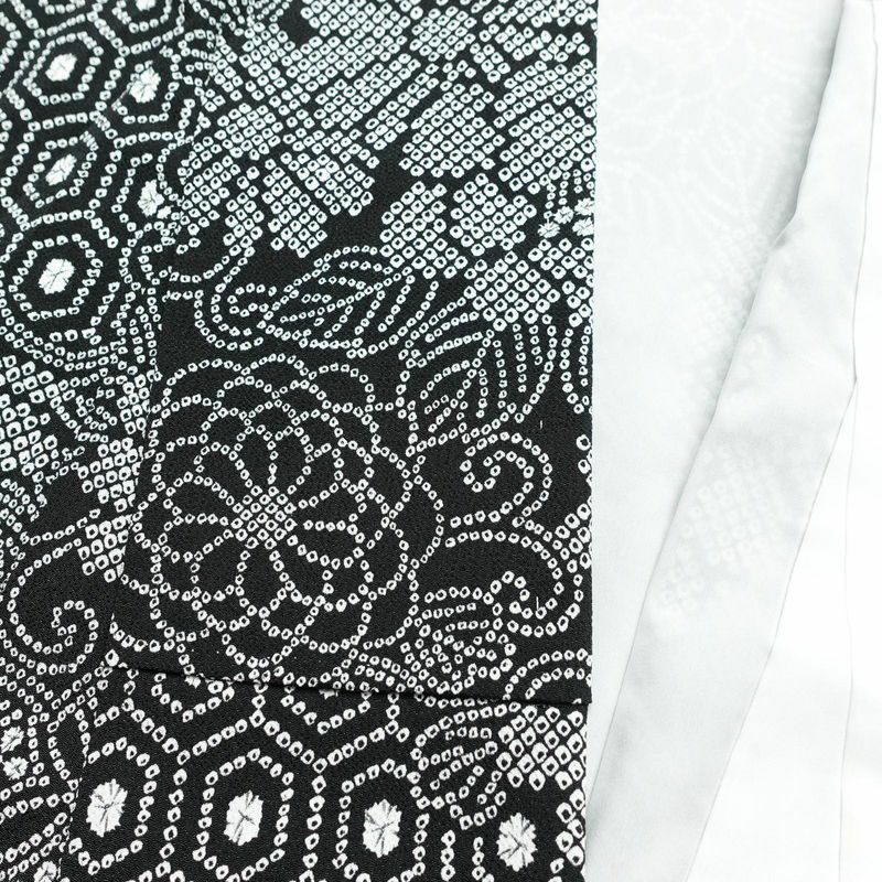 小紋 良品 縮緬 絞り風 ポリエステル 花柄 袷仕立て 身丈163cm 裄丈67cm 黒_画像17