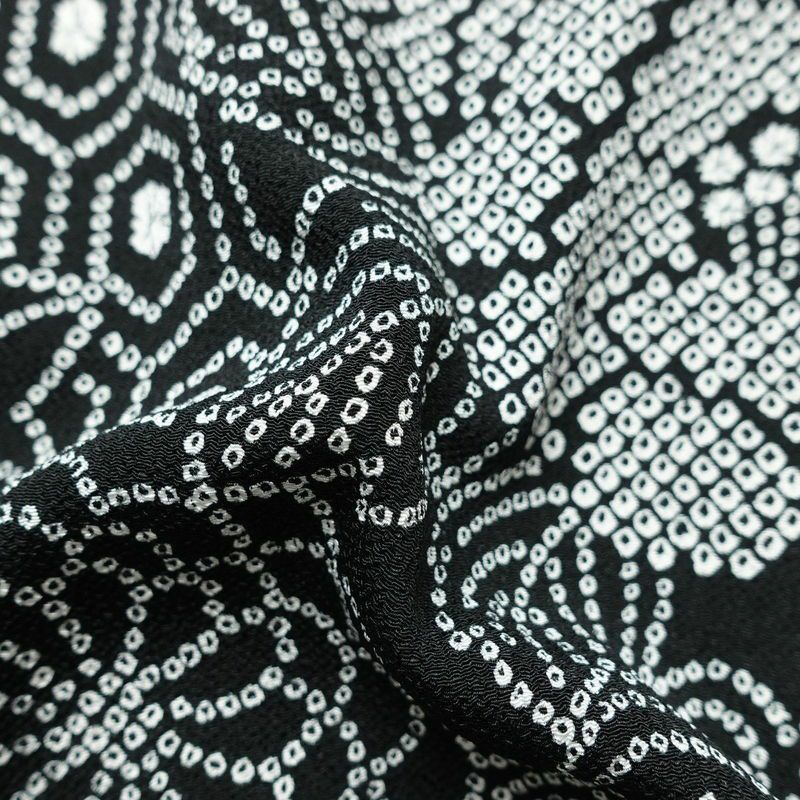 小紋 良品 縮緬 絞り風 ポリエステル 花柄 袷仕立て 身丈163cm 裄丈67cm 黒_画像21