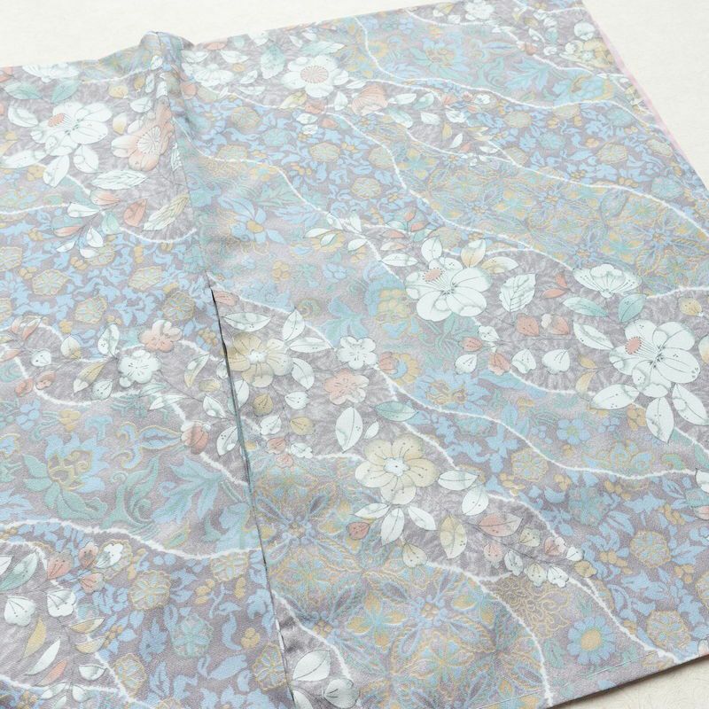 小紋 しつけ糸付き ポリエステル 花柄 袷仕立て 身丈159cm 裄丈67cm 紫・藤色_画像10