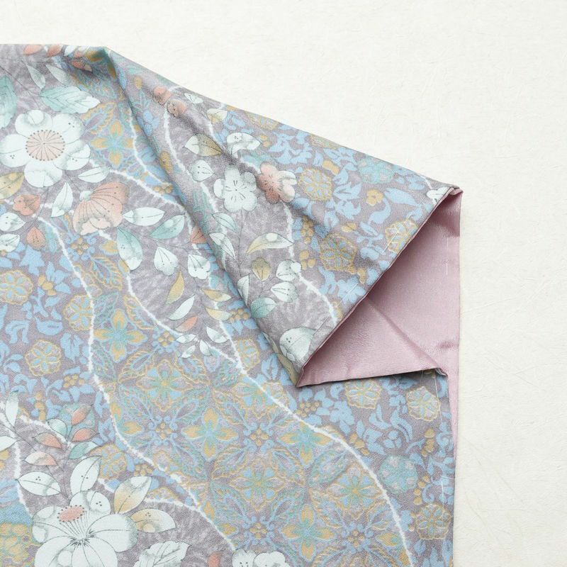 小紋 しつけ糸付き ポリエステル 花柄 袷仕立て 身丈159cm 裄丈67cm 紫・藤色_画像11