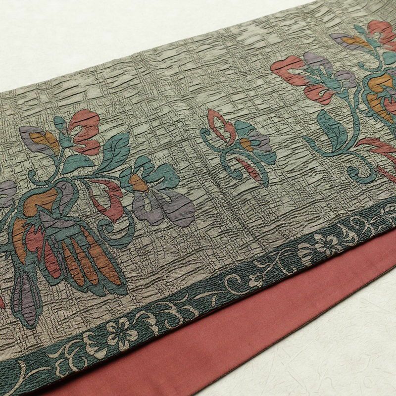 袋帯 ふくれ織 六通柄 一般用 正絹 木の葉・植物柄 鳥 緑・うぐいす色_画像11