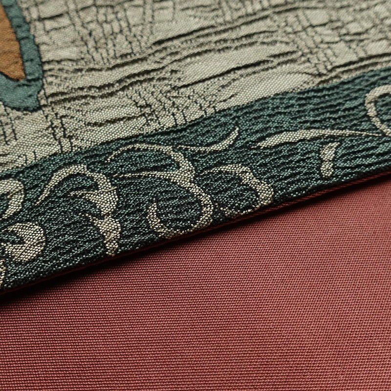 袋帯 ふくれ織 六通柄 一般用 正絹 木の葉・植物柄 鳥 緑・うぐいす色_画像12