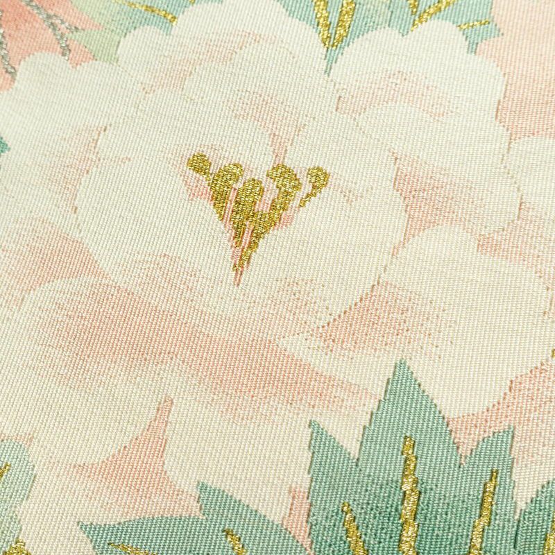 名古屋帯 つづれ織り 太鼓柄 良品 正絹 古典柄 名古屋仕立て 花柄 扇子 クリーム_画像3