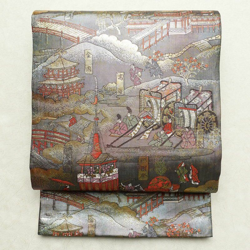 袋帯 洛中洛外図 本金箔プラチナ箔 全通柄 良品 フォーマル用 正絹 風景柄 箔 緑・うぐいす色_画像1