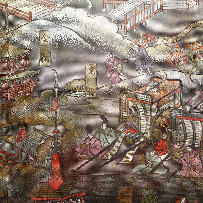 袋帯 洛中洛外図 本金箔プラチナ箔 全通柄 良品 フォーマル用 正絹 風景柄 箔 緑・うぐいす色_画像2