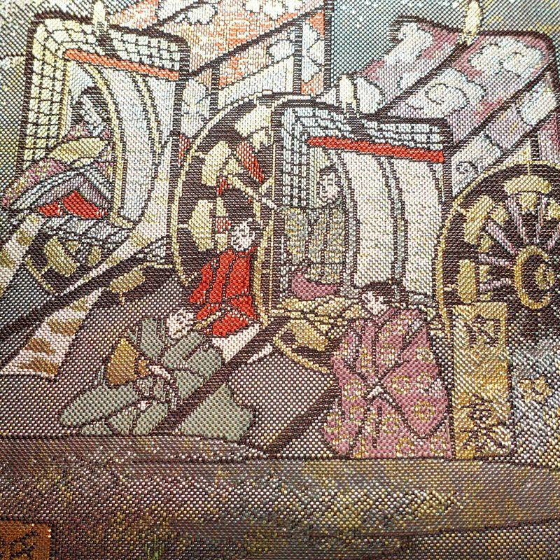 袋帯 洛中洛外図 本金箔プラチナ箔 全通柄 良品 フォーマル用 正絹 風景柄 箔 緑・うぐいす色_画像3