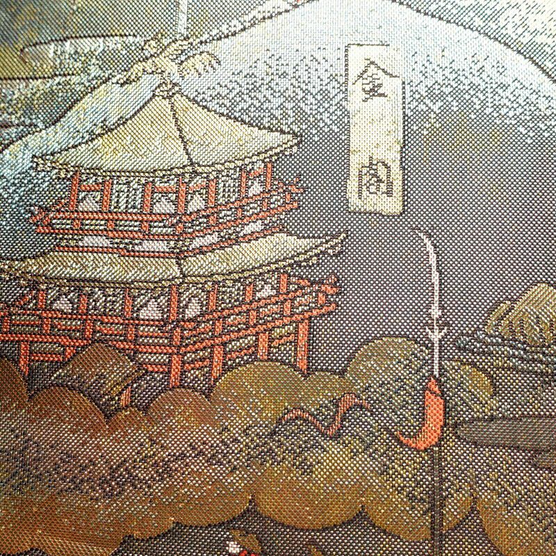袋帯 洛中洛外図 本金箔プラチナ箔 全通柄 良品 フォーマル用 正絹 風景柄 箔 緑・うぐいす色_画像4