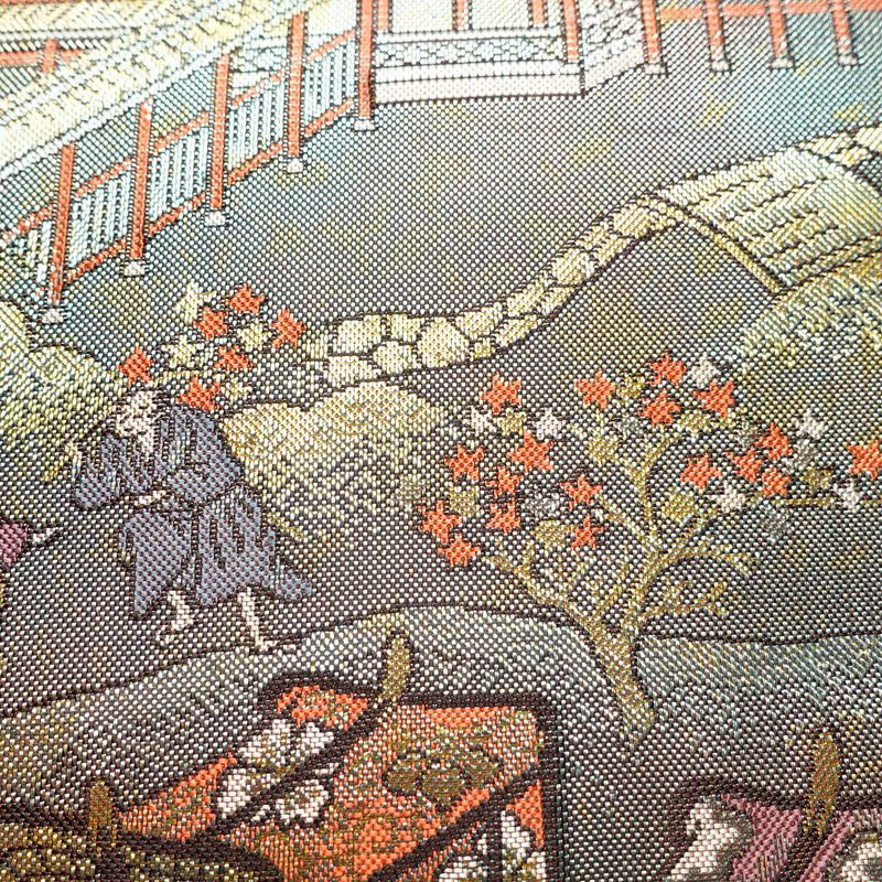 袋帯 洛中洛外図 本金箔プラチナ箔 全通柄 良品 フォーマル用 正絹 風景柄 箔 緑・うぐいす色_画像6