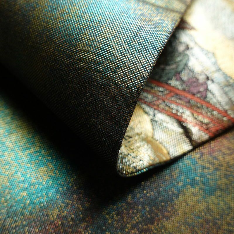 袋帯 洛中洛外図 本金箔プラチナ箔 全通柄 良品 フォーマル用 正絹 風景柄 箔 緑・うぐいす色_画像10