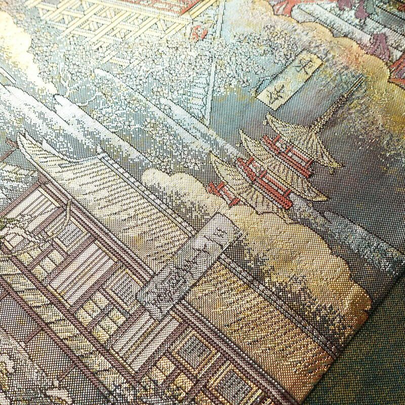 袋帯 洛中洛外図 本金箔プラチナ箔 全通柄 良品 フォーマル用 正絹 風景柄 箔 緑・うぐいす色_画像11