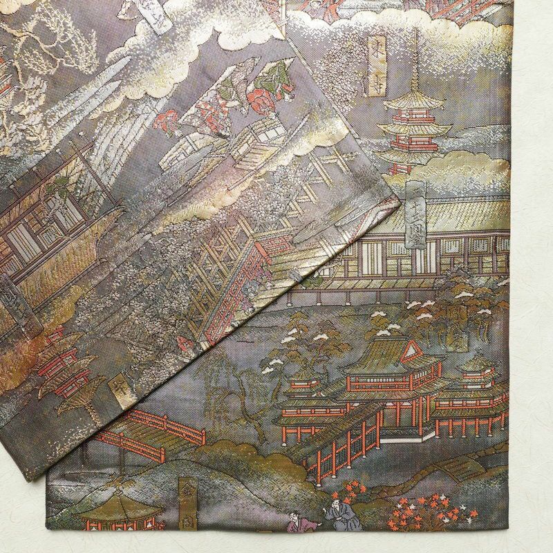 袋帯 洛中洛外図 本金箔プラチナ箔 全通柄 良品 フォーマル用 正絹 風景柄 箔 緑・うぐいす色_画像13