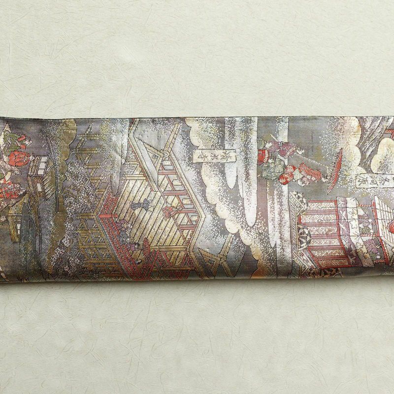 袋帯 洛中洛外図 本金箔プラチナ箔 全通柄 良品 フォーマル用 正絹 風景柄 箔 緑・うぐいす色_画像14