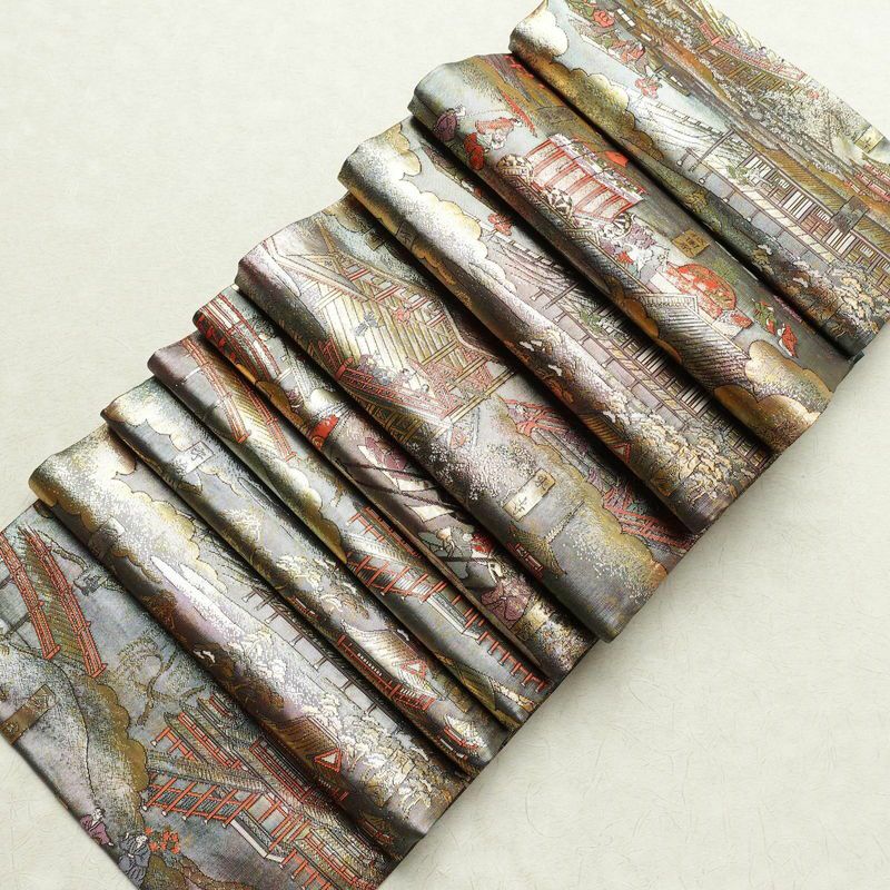 袋帯 洛中洛外図 本金箔プラチナ箔 全通柄 良品 フォーマル用 正絹 風景柄 箔 緑・うぐいす色_画像17
