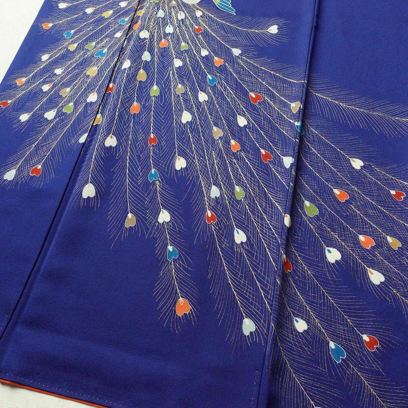 付け下げ 正絹 人物・動物柄 袷仕立て 身丈160cm 裄丈64.5cm 金彩 孔雀 青・紺_画像4