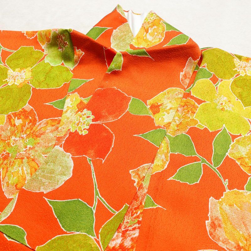小紋 総柄 正絹 花柄 袷仕立て 身丈155.5cm 裄丈63.5cm 一部しつけ糸付き 橙_画像14