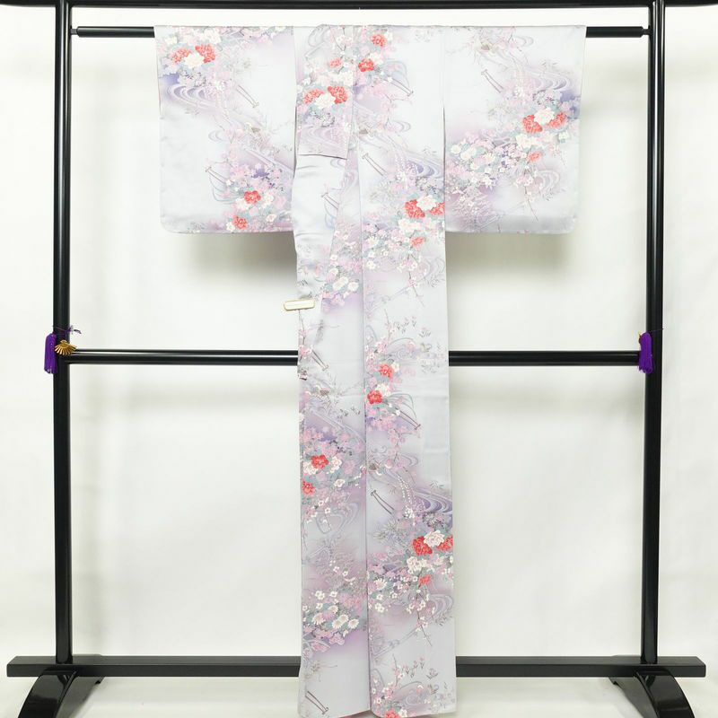 小紋 正絹 花柄 袷仕立て 身丈160cm 裄丈64cm 一部しつけ糸付き 金彩 紫・藤色_画像2