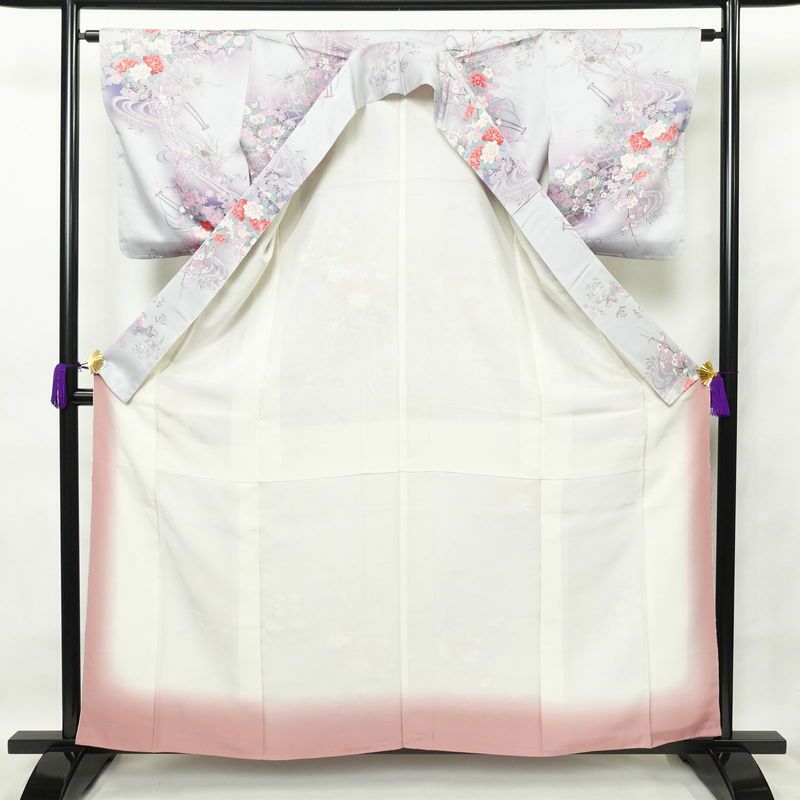 小紋 正絹 花柄 袷仕立て 身丈160cm 裄丈64cm 一部しつけ糸付き 金彩 紫・藤色_画像3